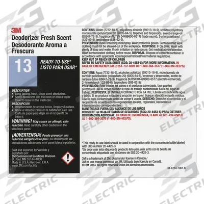 TOLCO Secondary Bottle Label: 11 in Ht, 8 1/2 in Wd, 3M Deodorizer 13 - Secondary Container Labels and Tags