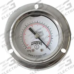 WINTERS Panel-Mount Pressure Gauge: Front Flange, 0 psi to 30 psi, 2 in Dial, 1/8 in NPT Male, PFQ (MPN PFQ2435-DRY-2FF). Key specifications — Accuracy: ±2.5%; Brand: WINTERS; Vibration Resistance Properties: Field-Fillable; Gauge Wetted Parts: Brass / Bronze.