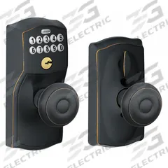 SCHLAGE RESIDENTIAL Keypad Knob: Bronze (MPN FE595 CAM716GEO). Key specifications — Product Type: Keypad Knob; Manufacturer Part Number: FE595 CAM716GEO; Key Override Options: None.