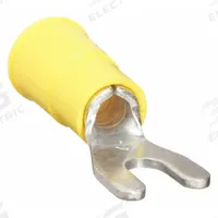3M Fork Terminals: Yellow, Vinyl, #6 Stud Size, 12 AWG – 10 AWG Wire Range, Block Fork, 1,000 V (MPN MVU10-6FX). Key specifications — Barrel Style: Butted; Manufacturer Part Number: MVU10-6FX; Brand: 3M; Series: TR.