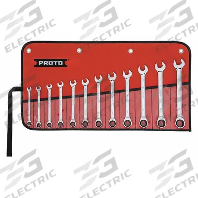 PROTO Combination Wrench Set: Alloy Steel, Chrome, 12 Tools, 8 mm to 19 mm Range of Head Sizes - Metric 12-Point Ratcheting Combination Wrench Sets
