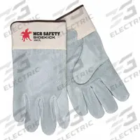 MCR SAFETY Leather Gloves: XL ( 10 ), Cowhide, Premium, Glove, Full Finger, Safety Cuff, 12 PK (MPN 16017XL). Key specifications — Brand: MCR SAFETY; Glove Back Color: Beige; Glove Back Material: Cowhide; Glove Liner Material: Cotton Fleece; Oil Resistant: No; Reflective Backing: No; Includes Double Palm: No; Palm Color: Gray.