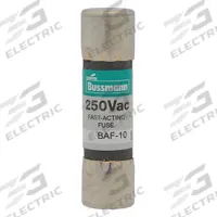 BUSSMANN Fuse: BAF Series, Midget, Fast-Acting, 1 A, 250 V AC, 13/32 in x 1 1/2 in, Non-Indicating (MPN BAF-1). Key specifications — attr1287209: BAF; attr211192: BUSSMANN.