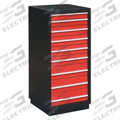 APPROVED VENDOR Modular Drawer Cabinet: 27 3/4 in x 28 in x 62 1/4 in, 9 Drawers, 90 Compartments (MPN 2HFP5). Key specifications — Drawer Inside Height: (4) 4-3/4 in; Base Type: Frame; Number of Compartments per Drawer: (6) 9; Brand: APPROVED VENDOR; Cabinet Color: Black/Red.