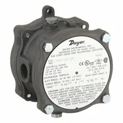 Explosion-proof adjustable set-point air pressure switch for hazardous locations. Features NEMA-3 enclosure, SPDT switch, and 1/8 in NPT connection. Set-point range 4 to 20 in wc. Suitable for monitoring or controlling air pressure in environments where flammable gases or vapors may be present.