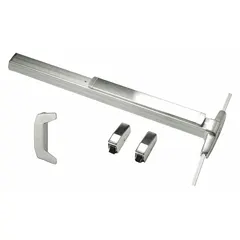 This surface vertical rod push bar is constructed of aluminum and includes a touchbar and dummy pull. It is designed for doors up to 3 ft wide, providing egress actuation in commercial applications.