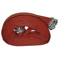 This supply fire hose has a 4-inch inside diameter and 100-foot length, constructed with a single jacket of rubber in red. It is fitted with Storz x Storz couplings featuring Storz lugs, and the tube is made of PVC nitrile rubber. Designed for high-volume water delivery in fire suppression systems