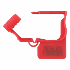 Plastic hasp padlock seal with a 1 1/4 in hasp length and 15 lb breaking strength. Red body with black sequential numbering and 'Sealed' marking. Supplied in a 50-pack. Used for tamper-evident sealing of meters, valves, cabinets, and cargo.