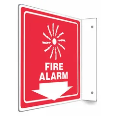 L-Shape projection fire alarm sign with mounting holes for wall installation. Nominal size 8 in x 8 in. Non-retroreflective, non-glow-in-the-dark PETG material suitable for indoor use to indicate fire alarm locations.