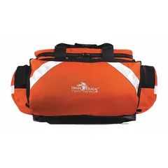 This medical duffel bag is constructed from orange nylon with a zipper closure and a removable interior lining for easy cleaning. It measures 23 inches in length, 17 inches in width, and 12 inches in height. Suitable for organizing and transporting medical supplies in emergency response, first aid, and field medical kit applications.