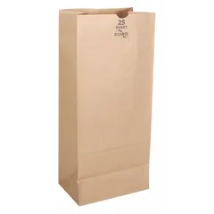 Kraft paper grocery bag with dimensions 8 1/4 in width, 5 1/4 in depth, and 18 in height. Supplied in a pack of 400. Suitable for general-purpose packaging and transport of retail items, hardware parts, or supplies.