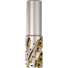 Indexable square-shoulder end mill with helical geometry and standard length for general metalworking operations. Suitable for profiling, slotting, and shoulder cutting in machining applications.