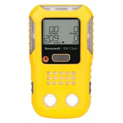 The Honeywell BW Clip is a compact, personal multi-gas detector for carbon monoxide (CO) monitoring. It features a yellow housing and is powered by a lithium-ion battery. Designed for continuous wear, it provides audible, visual, and vibrating alarms when gas levels exceed set thresholds. Typical applications include industrial safety monitoring in confined spaces, oil and gas facilities, and chemical plants.