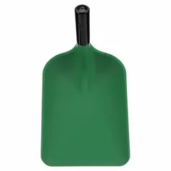 This VIKAN standard scoop shovel blade features a square point and is made of black plastic with a #3 blade size and 10 3/16 inch width. It includes one rib for added rigidity. Suitable for moving bulk materials such as grain, feed, or lightweight aggregates in agricultural, food processing, or chemical handling applications.