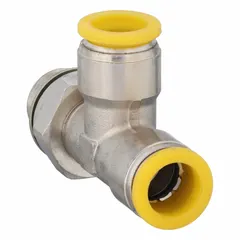 This nickel-plated brass tee fitting connects two 12 mm OD tubes and one 3/8 in pipe thread. It is used to branch or combine pneumatic or low-pressure fluid lines in industrial automation and material handling systems. Overall length is 29 5/32 mm.
