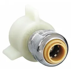 This chrome-plated brass push-to-connect tube fitting connects 1/4 in OD tubing to 1/2 in NPSM threaded ports without tools. It is used in industrial plumbing and fluid-handling systems for quick, leak-free joints.