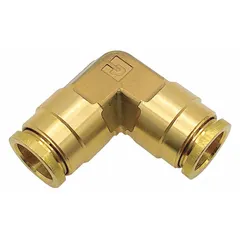This brass push-to-connect elbow fitting joins two 3/8 in OD tubes without tools. It is used in pneumatic systems and air brake lines for secure, leak-free connections. The fitting is made of brass and features push-to-connect x push-to-connect ends.
