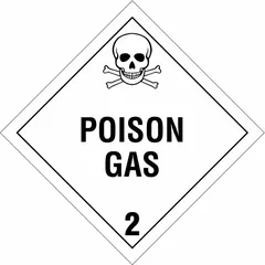 Class 2: Gases placard displaying 'Poison Gas 2' message. Measures 10 3/4 in x 10 3/4 in with a label height of 10 3/4 in. Used on containers, vehicles, or storage areas for hazardous material identification.