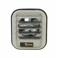 This suspended electric unit heater is designed for wall or ceiling mounting in commercial and industrial spaces requiring supplemental or primary heating. It includes a pre-installed disconnect switch, 24 VAC transformer, and single-stage thermostat. Operates on 208/240 V, 1 or 3-Phase power. Overall dimensions: 16 in x 14 in x 7.5 in.