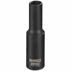 This DEWALT impact socket is designed for use with impact wrenches in fastening and loosening nuts and bolts. It features a 1/2" drive, 7/8" SAE size, 6-point deep configuration, and 3" overall length. The black phosphate finish provides corrosion resistance.