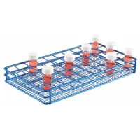 This blue wire test tube rack provides 50 wells for benchtop storage and organization of test tubes in laboratory settings. Suitable for holding samples during experiments, processing, or transport