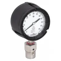 Dial pressure gauge with nickel alloy C-276 mini-seal for measuring pressure in corrosive or viscous media. Features a 4 1/2 in dial, bottom connection, 0-60 psi range, ±1.00% accuracy, stainless steel wetted parts, Hastelloy C-276 seal lower housing, and Halocarbon seal fill liquid. Suitable for applications requiring isolation of the gauge from the process fluid