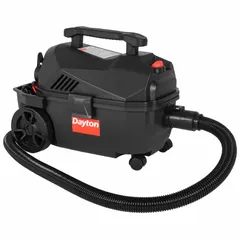 Plastic wet/dry mini vacuum with a 4-gallon tank, 1 1/4-inch hose diameter, and 8-foot hose length. Suitable for wet and dry pickup in light industrial, maintenance, and workshop environments. Compact design for cleaning debris, spills, and dust in tight spaces.
