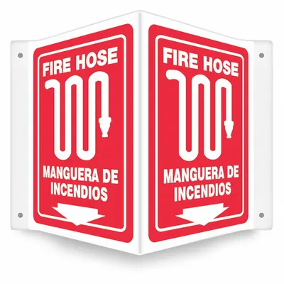 CONDOR Safety Sign: PETG, Mounting Holes Sign Mounting, 12 in x 14 in Nominal Sign Size - V-Shape Projection Fire Hose/Manguera De Incendios Signs