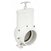 This 4-inch PVC gate valve features a rising stem, slip x slip connections, lever actuator, and solid wedge design. Rated for 15 psi CWP, it is suited for on/off flow control in industrial piping systems handling water, chemicals, or wastewater