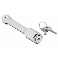 Chrome-plated receiver lock in silver for Vehicle Class V hitches. Includes a rubber dust cover to protect the lock mechanism and comes with two keys. Secures the trailer hitch receiver to deter unauthorized removal of the hitch or ball mount