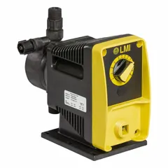 Compact solenoid-driven diaphragm metering pump with acrylic head, PTFE diaphragm, and PVC fittings. Features ceramic check balls and PTFE/Polyprel seals. Operates on 115/230V AC with ±3.0% reproducibility. Suitable for precise chemical dosing in water treatment and industrial processing.