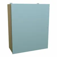 This steel enclosure measures 36 x 30 x 13 inches and is rated NEMA 12 for protection against dust, dirt, and non-corrosive liquids. It features a solid hinged cover with an included panel and uses screw closure. Suitable for housing electrical controls and instruments in industrial environments