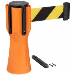 Plastic barrier tape belt designed for use with traffic cones. Features a 9-inch yellow belt with blank legend for custom labeling, orange housing, and maximum belt length of 11 7/8 ft. Overall height is 3/4 ft. Suitable for temporary pedestrian or vehicle barriers in construction zones, parking lots, and event areas.