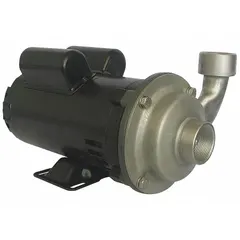 This centrifugal pump features a 304 stainless steel housing and impeller for chemical resistance. It is powered by a 1 hp single-phase motor operating at 115/230V AC with an open dripproof enclosure. The NPT connections allow for straightforward piping integration. Typical applications include transferring corrosive or non-corrosive liquids in industrial processing, water treatment, and chemical handling.