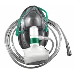 Disposable non-rebreather mask made of PVC, designed for delivering high-concentration oxygen. Includes tubing and reservoir bag. Minimum flow rate 10 lpm, maximum 15 lpm. Complies with FDA standards. Suitable for short-term oxygen therapy in clinical settings.