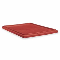 Red plastic lid for standard stacking and nesting totes. FDA compliant. Compatible with AKRO-MILS totes 5LA13/5LA15 and 35225/35230. Measures 23 1/2 in x 19 1/2 in. Used to cover and secure totes for storage and transport in industrial and food-contact environments.