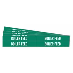 These adhesive pipe markers feature a green background with white legend text reading 'Boiler Feed'. Each marker fits pipe outer diameters from 3/4 to 2-3/8 inches. Supplied without arrows, the pack contains 4 markers, sold in a 5-pack quantity. Used for identifying boiler feed lines in industrial piping systems.