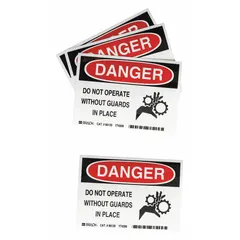 Adhesive-mounted polyester signs warning that machinery must not be operated without guards in place. Each sign measures 3 1/2 in x 5 in with a thickness of 0.01 in. Pack of 5. Not retroreflective or glow-in-the-dark. Suitable for industrial equipment and machinery safety signage.