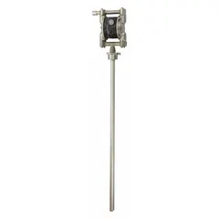 This air-operated diaphragm drum pump handles fluids up to 15,000 cps with a maximum flow rate of 12.5 gpm. The stainless steel suction tube resists corrosion. Suitable for transferring medium-viscosity fluids such as lubricants, chemicals, and process liquids from drums or containers.