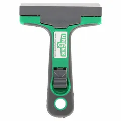 Razor scraper with a stiff, straight carbon steel blade and a rubberized handle for secure grip. Overall length is 5 inches. Suitable for removing paint, adhesive, stickers, and other residues from flat surfaces such as glass, metal, and plastic in maintenance, construction, and facility cleaning tasks.