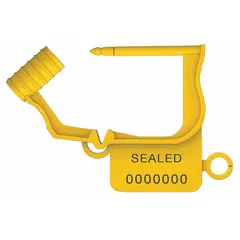 Yellow plastic hasp padlock seals with a 1 1/4 in hasp length and 15 lb breaking strength. Each seal features sequential black numbering and a 'Sealed' marking. Supplied in a 50-pack. Used for tamper-evident security on meters, cabinets, valves, and transport containers.