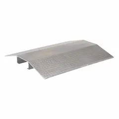 This wide-span aluminum ramp protects cables and hoses from damage when crossed by vehicles or foot traffic. Measuring 48 inches long, 40 inches wide, and 4 3/8 inches high, it supports up to 2,100 lb per axle. The silver aluminum construction provides a low-profile pathway solution for industrial environments.