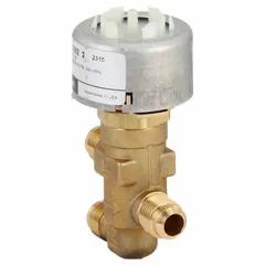 This 3-way globe valve features a brass body and seat with a stainless steel stem. It has a flow coefficient (Cv) of 1.6 and 3/8 in female flare connections. Used in hydronic systems for mixing or diverting flow in heating and cooling applications.