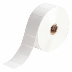 White matte-finish precut label roll with 1 in label height and 1 1/2 in label width. Compatible with THT printer series. Used for identification of pipes, tanks, and equipment in cryogenic environments such as chemical plants and laboratories.