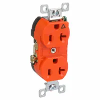 Duplex general-purpose receptacle with NEMA 5-20 configuration, rated 125V AC and 15A, 2 pole/3 wire grounding. Orange housing indicates isolated-ground design for reduced electrical noise. Suitable for powering equipment in commercial and industrial environments