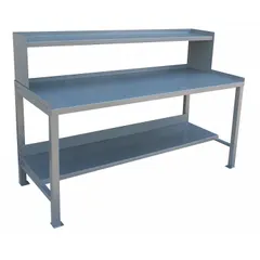 Fixed-height steel workbench with riser and lower shelf. Overall load capacity 3,000 lb. Work surface measures 60 in x 24 in. Gray finish. Suitable for industrial assembly, maintenance, and inspection tasks in workshops and manufacturing facilities.