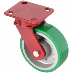 This medium-duty kingpinless swivel plate caster features a green polyurethane wheel with an 8-inch diameter and 2-inch width, mounted at a 9 1/2-inch height. Designed for general-purpose material handling, it provides smooth mobility on floors in industrial environments such as manufacturing plants and warehouses.
