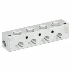 This PARKER solenoid valve block manifold features an aluminum body with two 1/4 in NPT female inlets. It is used to consolidate and distribute fluid or air in pneumatic and hydraulic systems, providing a compact mounting point for solenoid valves in industrial automation and process control applications.