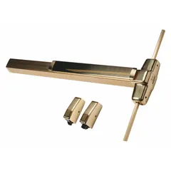 Brass surface vertical rod exit device with touchbar and night latch, for doors up to 3 ft wide. Provides egress by releasing latch when pushbar is activated. Suitable for commercial applications requiring code-compliant emergency exit.
