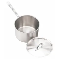 This 7-quart sauce pan features a straight stainless steel body, flat cover, and welded stainless steel handle. Suitable for simmering, boiling, and preparing sauces, soups, and side dishes in commercial or heavy-duty home kitchens.